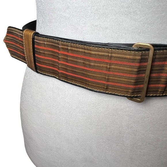 VTG 1970s Leather Striped Canvas Statement Belt Sz 33 Retro Mod Unisex Boho Med - Picture 5 of 10
